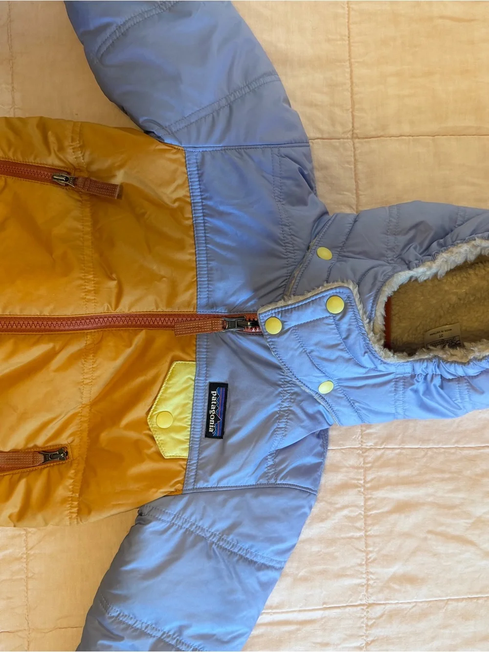 EUC Patagonia Colorblock Puffer Jacket in Light Blue & Mustard